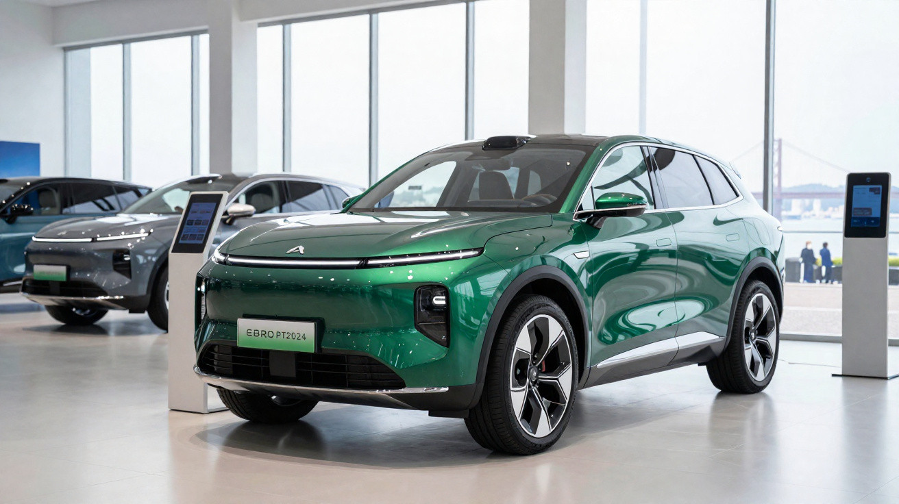Green electric SUV displayed indoors with large windows and another car in the background.