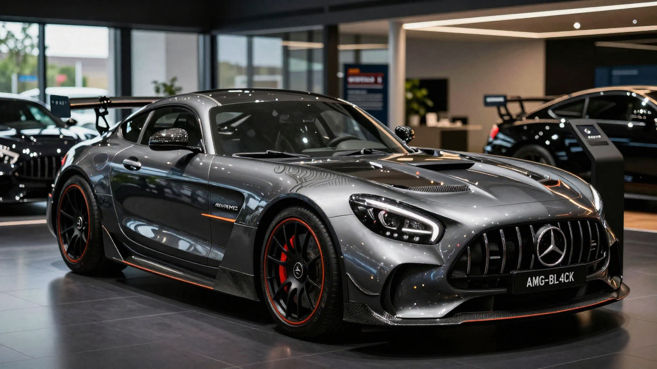 Grey Mercedes-AMG sports car with red accents displayed in a modern showroom.