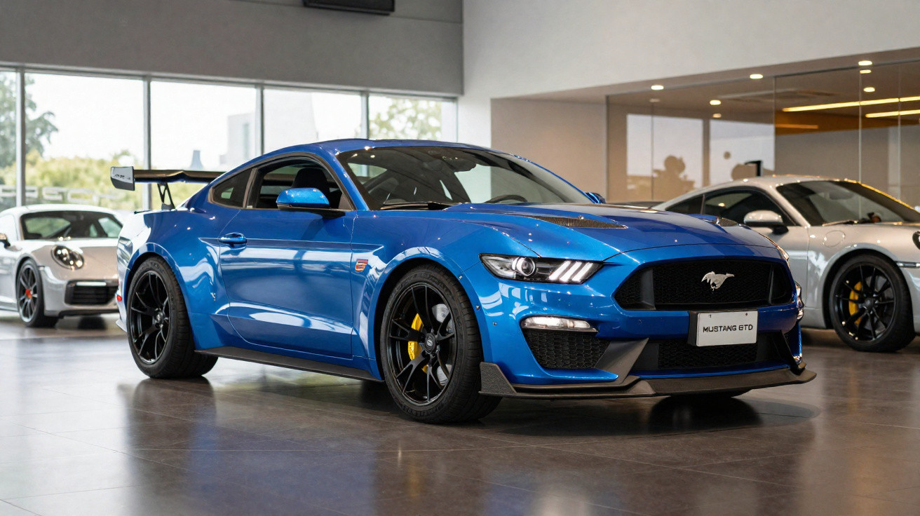 Blue Ford Mustang GTD sports car displayed indoors with black wheels and rear spoiler.
