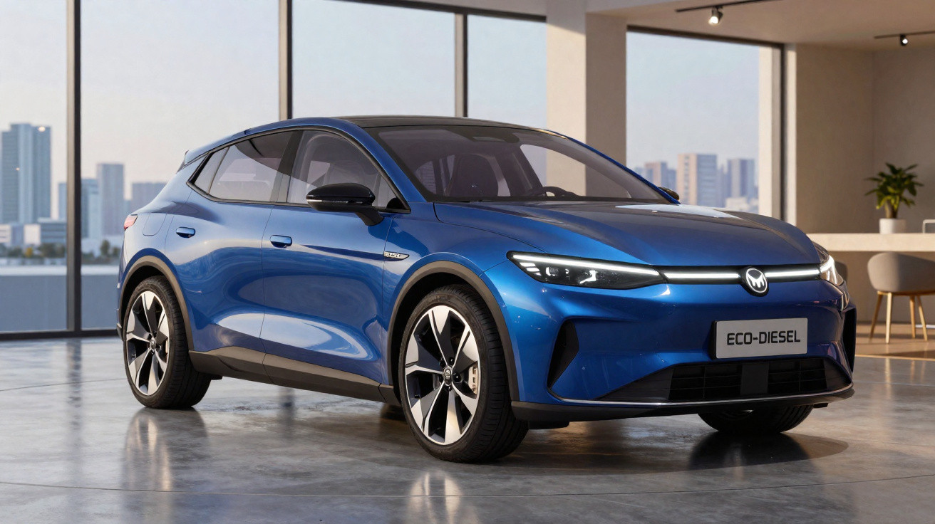 Blue eco-diesel compact SUV displayed indoors with city skyline visible through large windows.