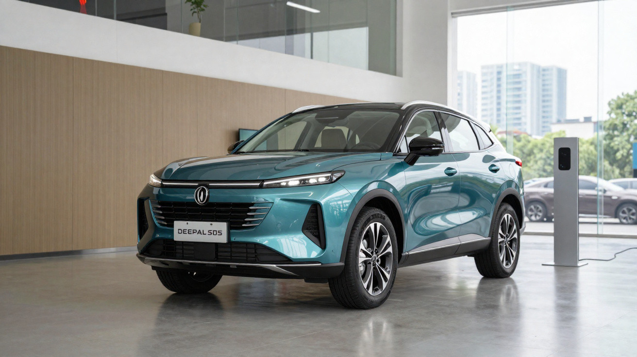 Blue Deepal S05 electric SUV parked indoors near a charging station with large windows in the background.