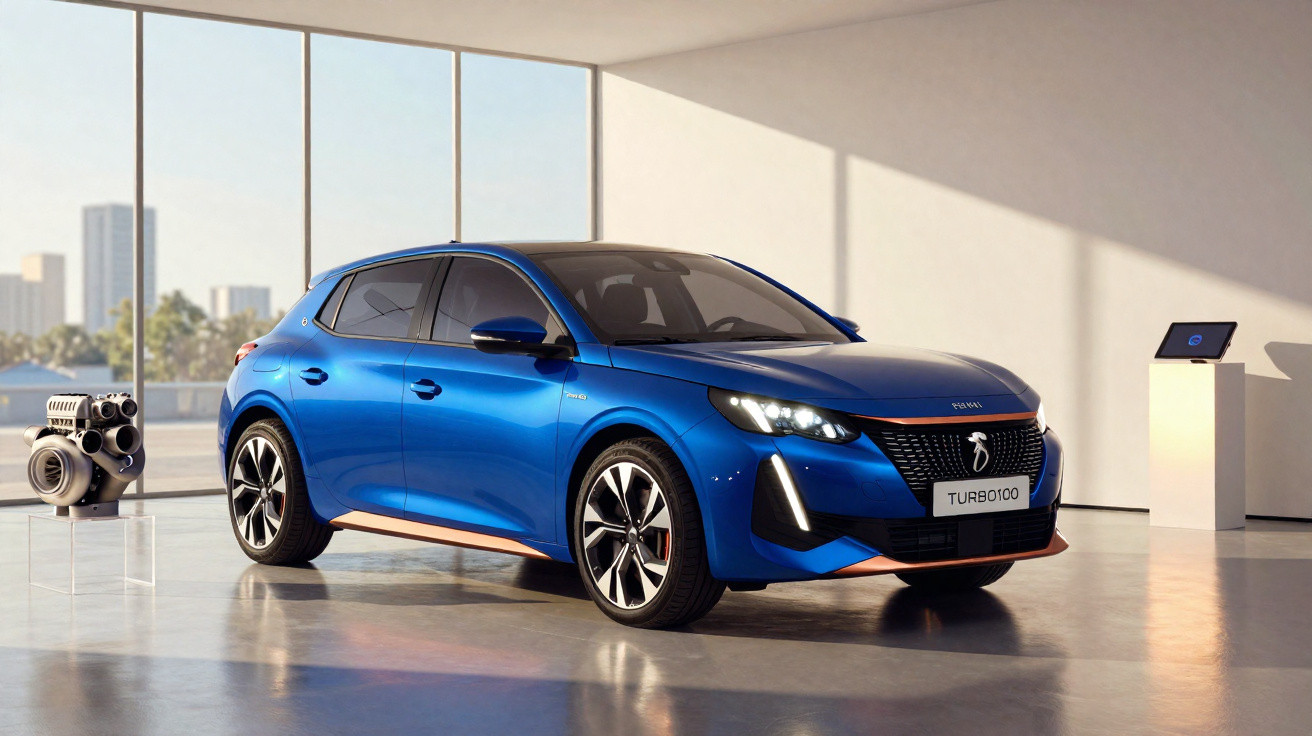 Blue modern hatchback car displayed indoors with large windows and a turbocharger on a clear stand nearby.