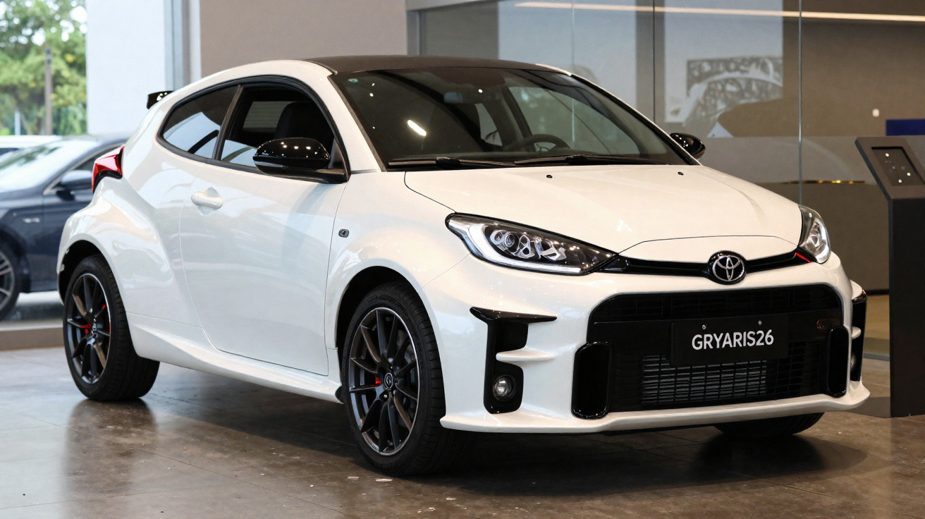 White Toyota GR Yaris sports car displayed indoors with black roof and alloy wheels.