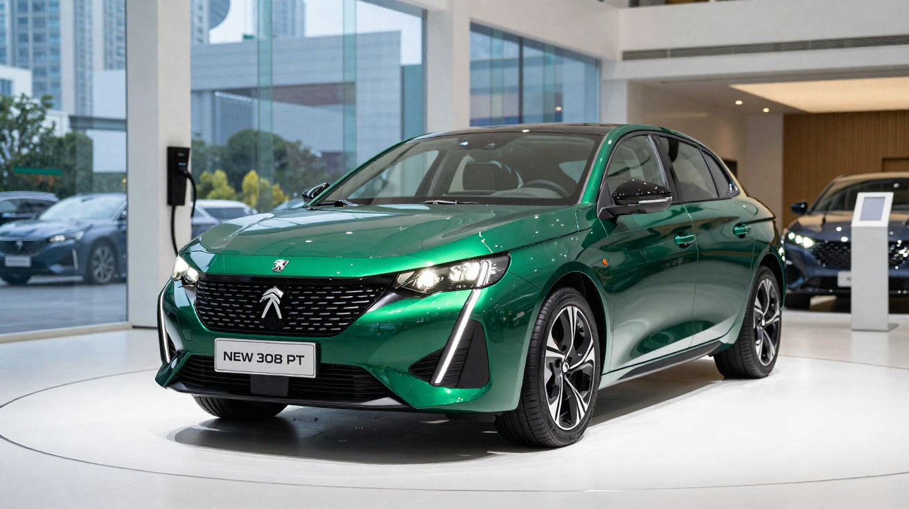 Green Peugeot 308 PT hatchback on display in bright modern showroom with city buildings outside windows