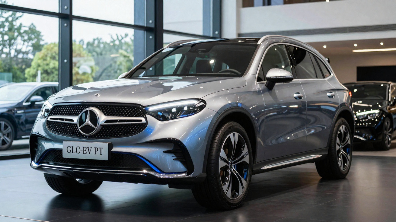 Silver Mercedes-Benz GLC electric SUV displayed indoors with large windows and other cars in background.