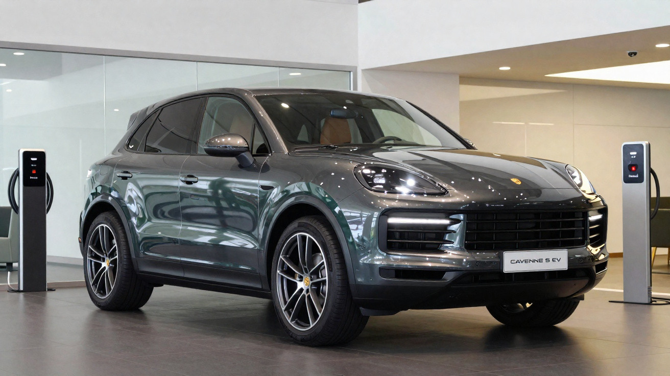 Grey Porsche Cayenne S EV electric SUV displayed indoors with charging stations on either side.