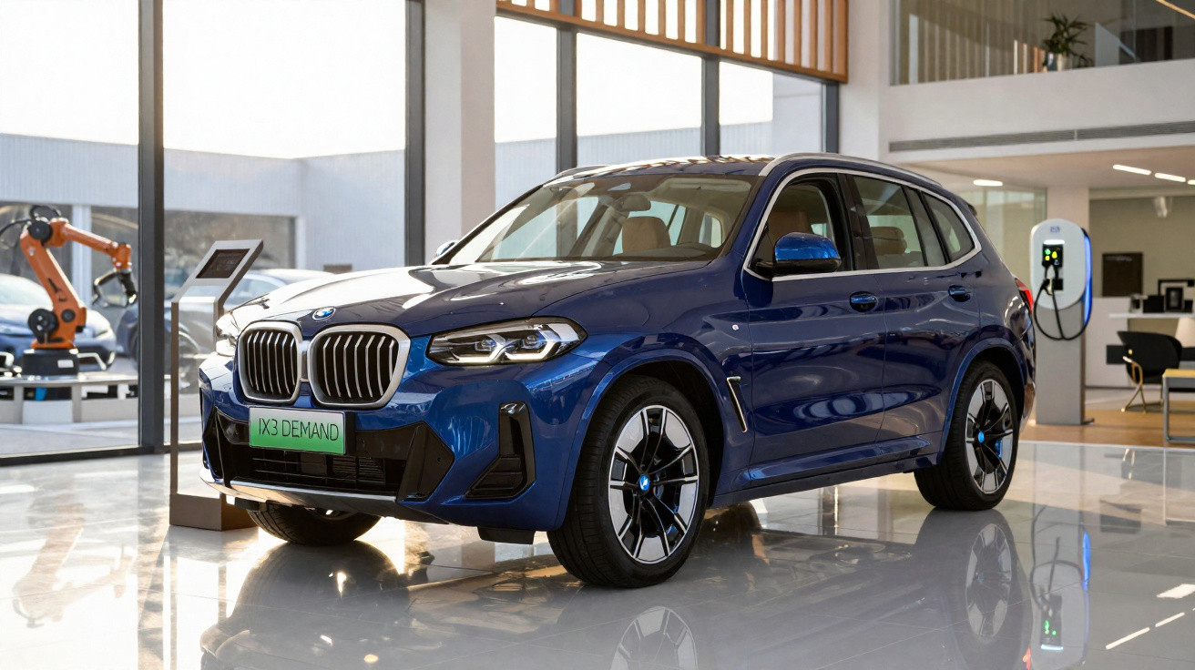 Blue BMW IX3 electric SUV on display indoors next to a charging station and robotic arm.