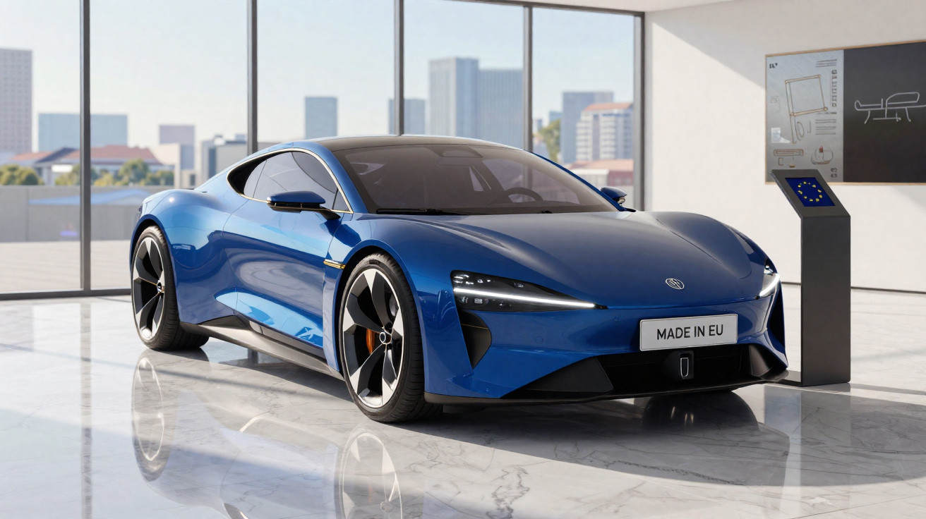Sleek blue electric sports car with "MADE IN EU" plate displayed in modern showroom with cityscape views.