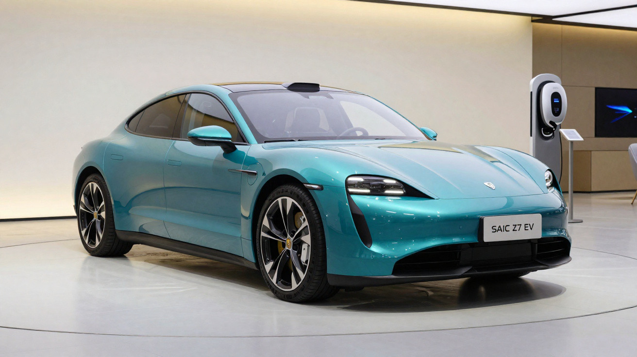 Glossy turquoise SAIC Z7 EV electric sports car displayed indoors next to a charging station.