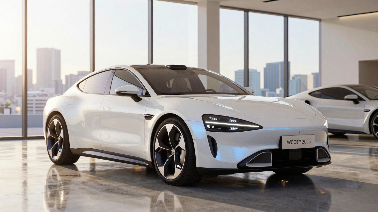 Sleek white electric car displayed in a modern showroom with large windows and cityscape background.