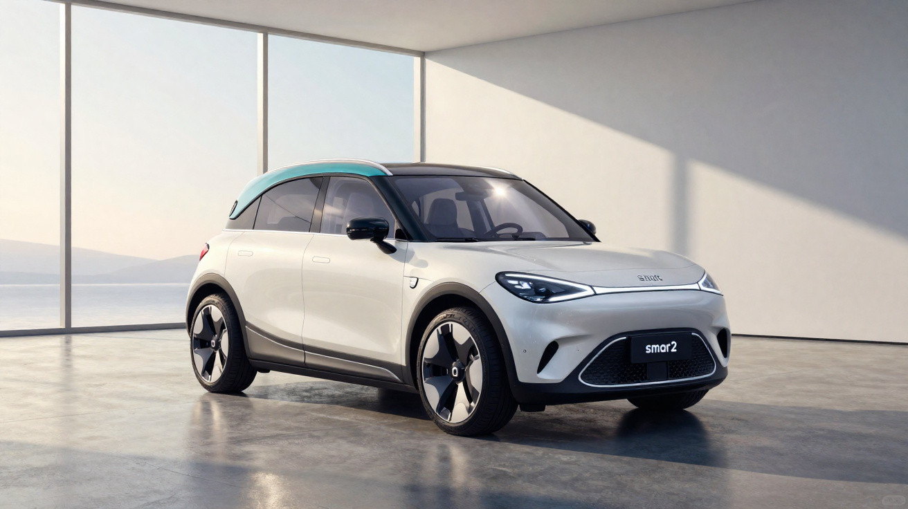 Compact white electric hatchback car with black roof and teal accents in a minimalist showroom.