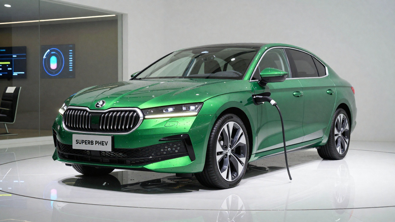 Green Skoda Superb PHEV plugged in and charging in a modern showroom environment.