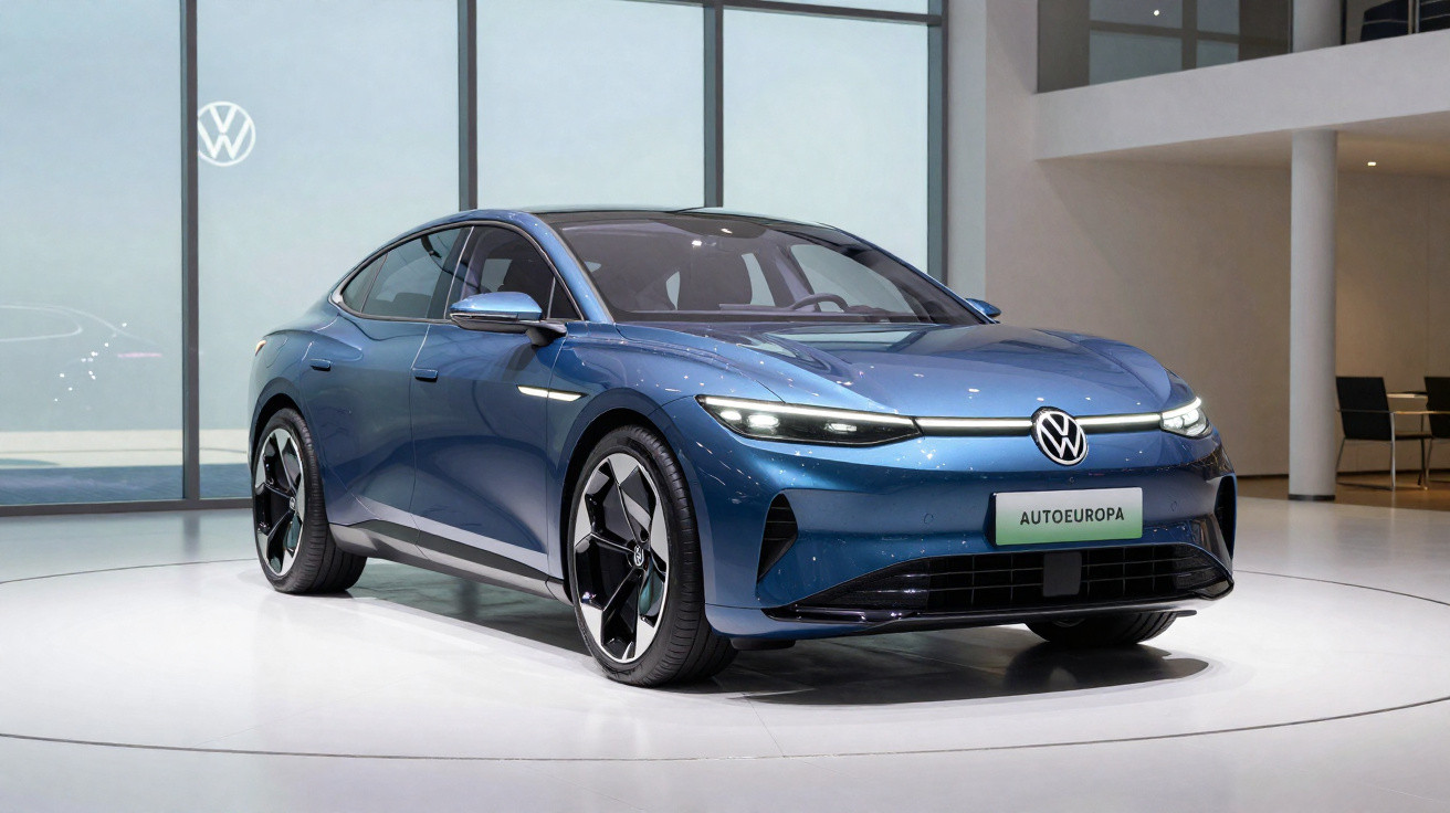 Blue Volkswagen electric sedan displayed in a modern showroom with large windows and minimal furniture.