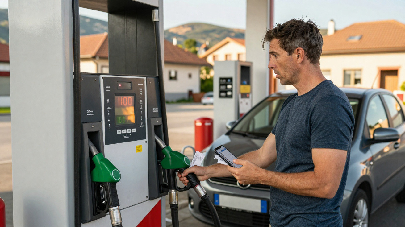 Man holding phone and receipt while refuelling car at petrol station pump outdoors