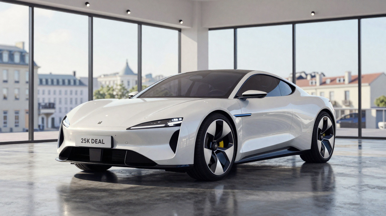 Sleek white electric sports car in a bright showroom with large windows and a cityscape outside.