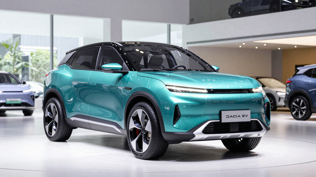 Teal electric compact SUV displayed indoors with sleek design and black roof at car show.