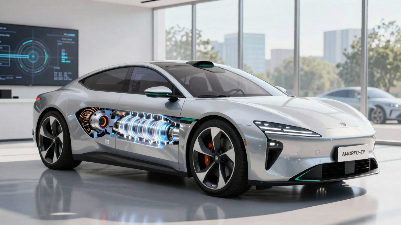 Silver electric sports car in showroom with cutaway view of battery and motor technology.