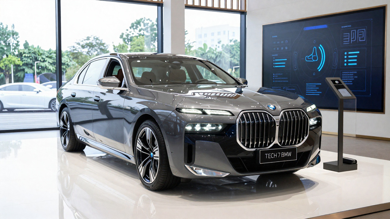 Grey BMW Tech 7 sedan displayed in a modern showroom with digital screen and informational stand.