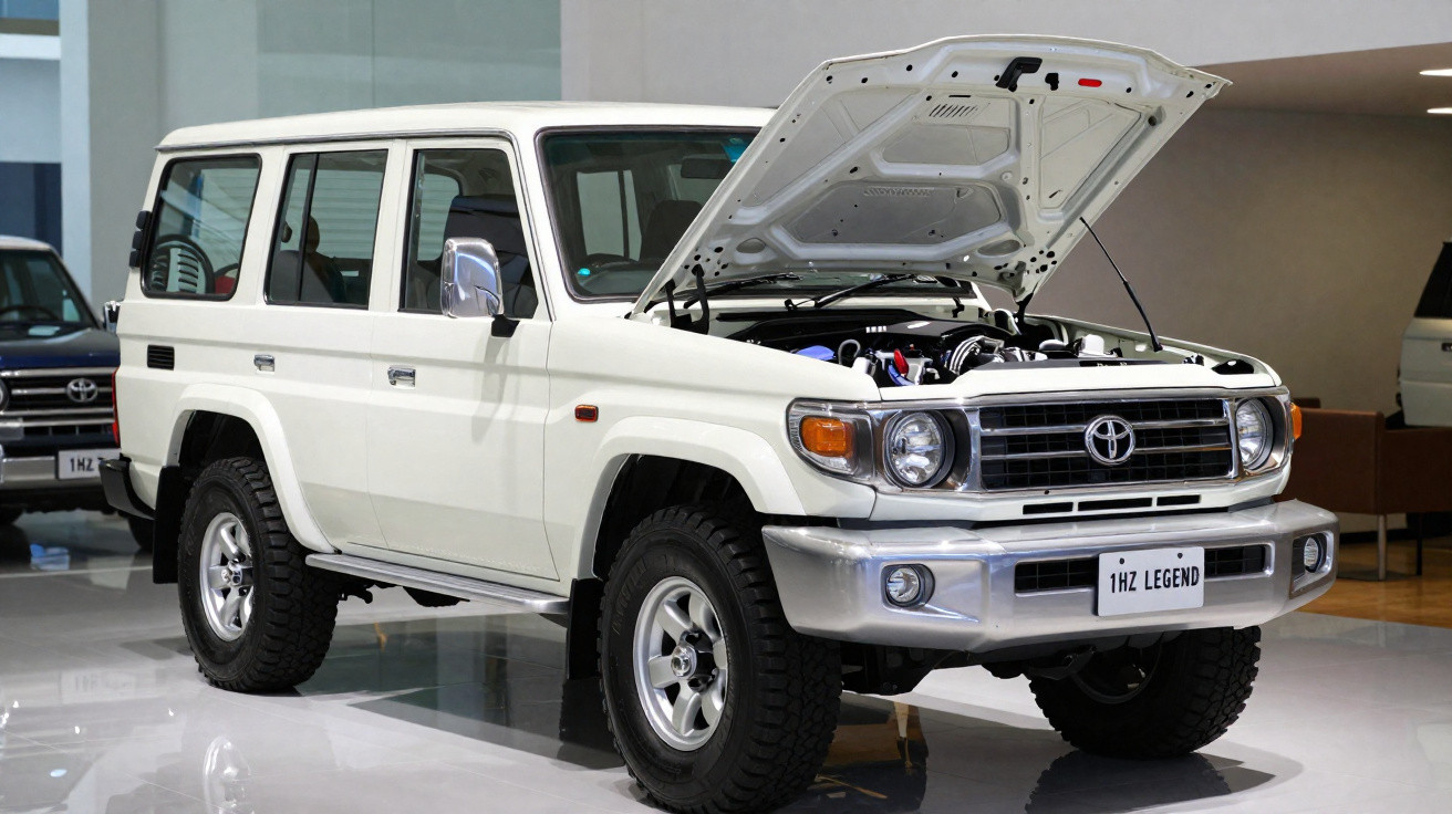 White Toyota Land Cruiser 1HZ Legend with open bonnet on display in showroom.