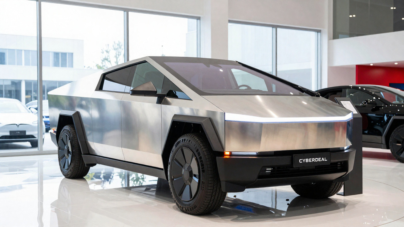 Silver Tesla Cybertruck parked indoors with angular design and unique LED front light strip.