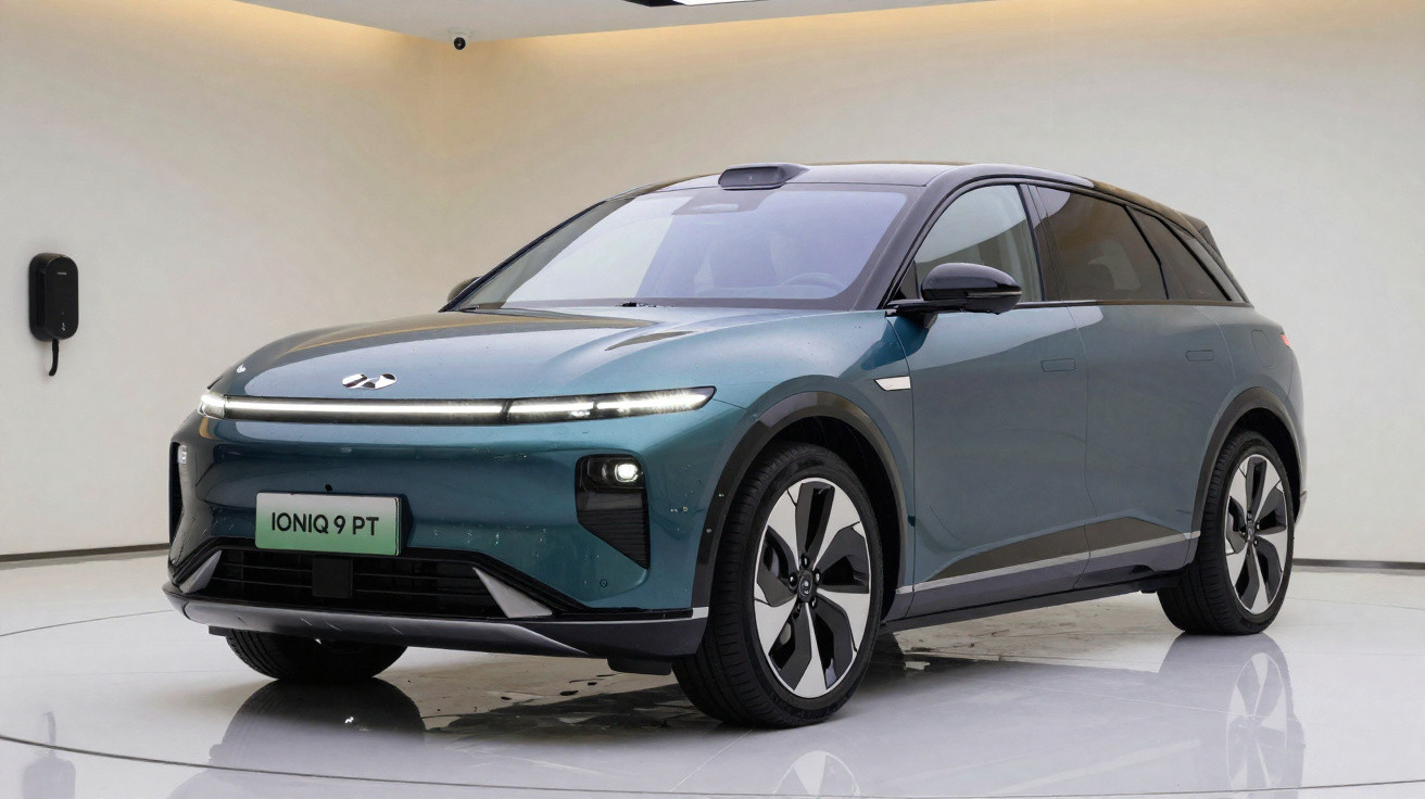 Blue electric SUV parked indoors with sleek design and futuristic front LED lighting.