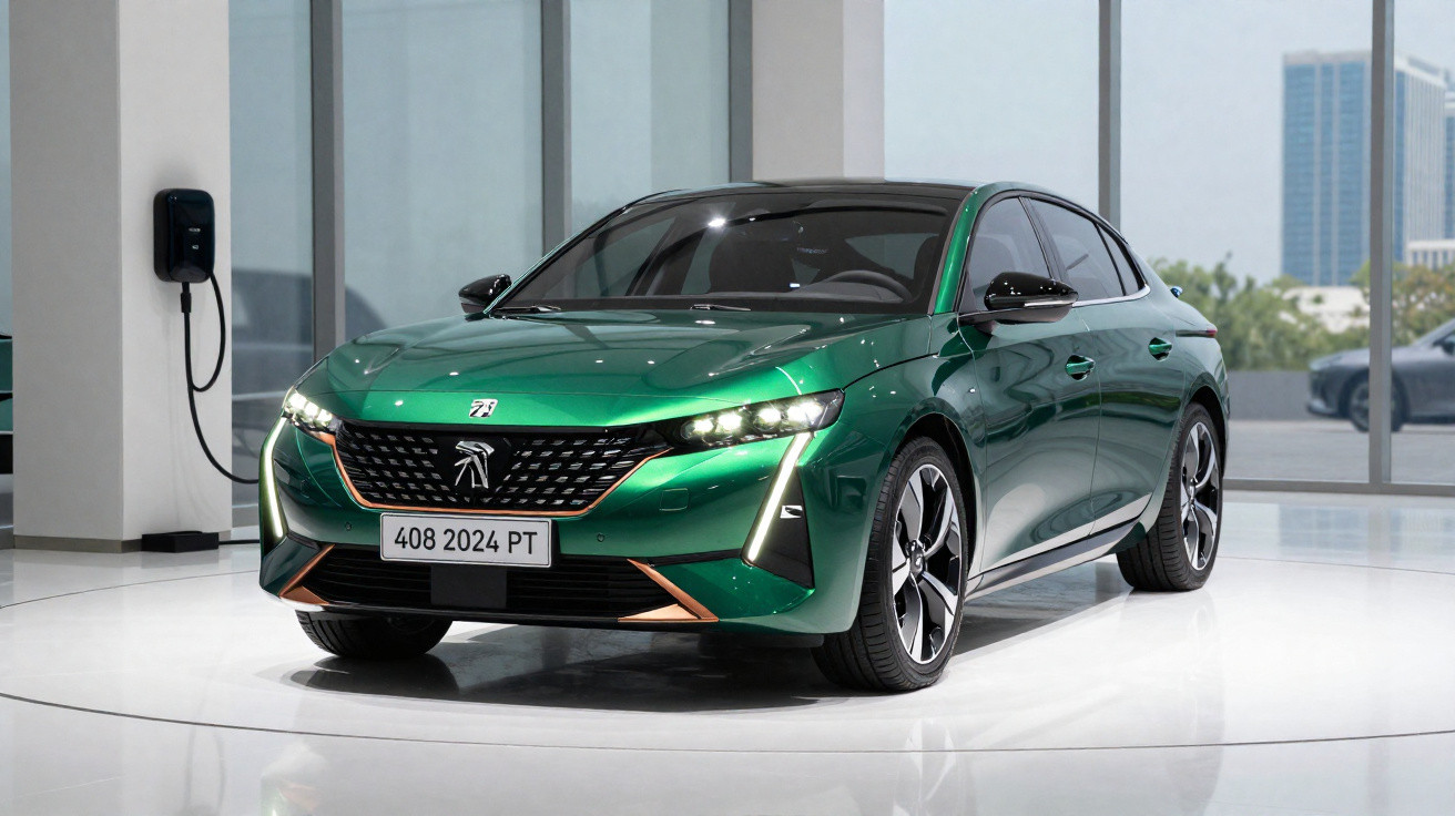 Green Peugeot 408 electric car charging inside a modern showroom with city buildings visible outside.