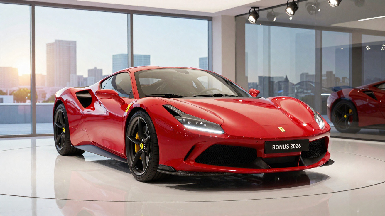 Red Ferrari sports car displayed indoors with city skyline visible through large windows.