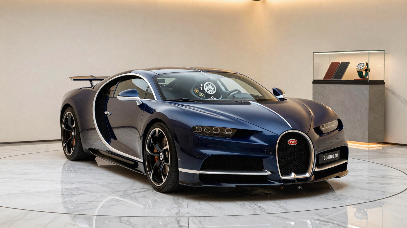 Dark blue Bugatti Chiron sports car displayed on a marble floor in a modern showroom.