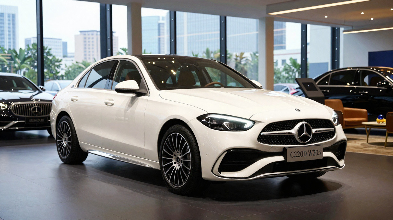 White Mercedes-Benz C220D W205 sedan displayed in a modern showroom with large windows and cityscape views.