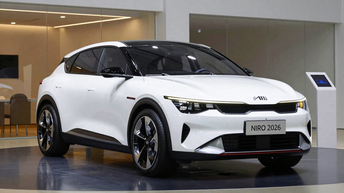 White Kia Niro 2026 electric car displayed indoors on a shiny floor.