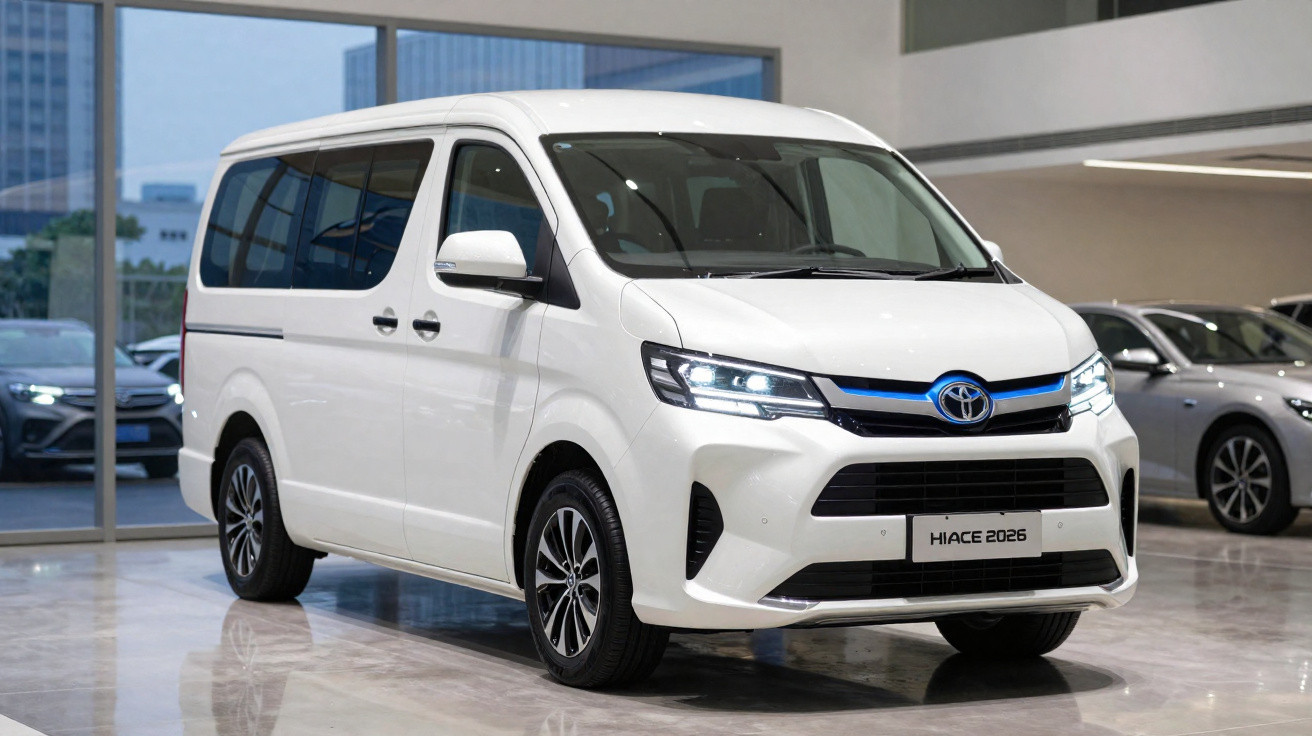 White 2026 Toyota Hiace van displayed indoors with illuminated headlights and modern design features.
