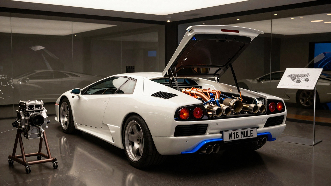 White Lamborghini Diablo with rear engine exposed and a separate engine on a stand beside it in a showroom.