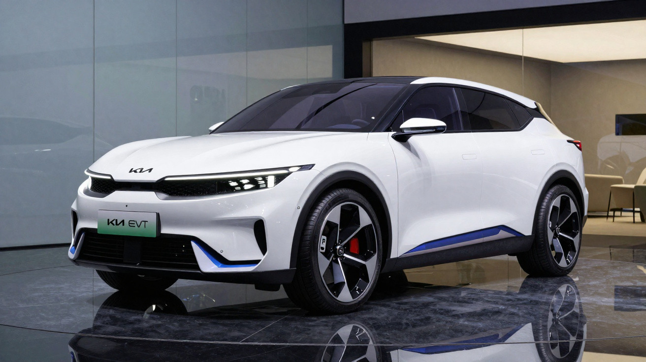 White Kia EV6 electric crossover car displayed indoors with glossy floor reflections.