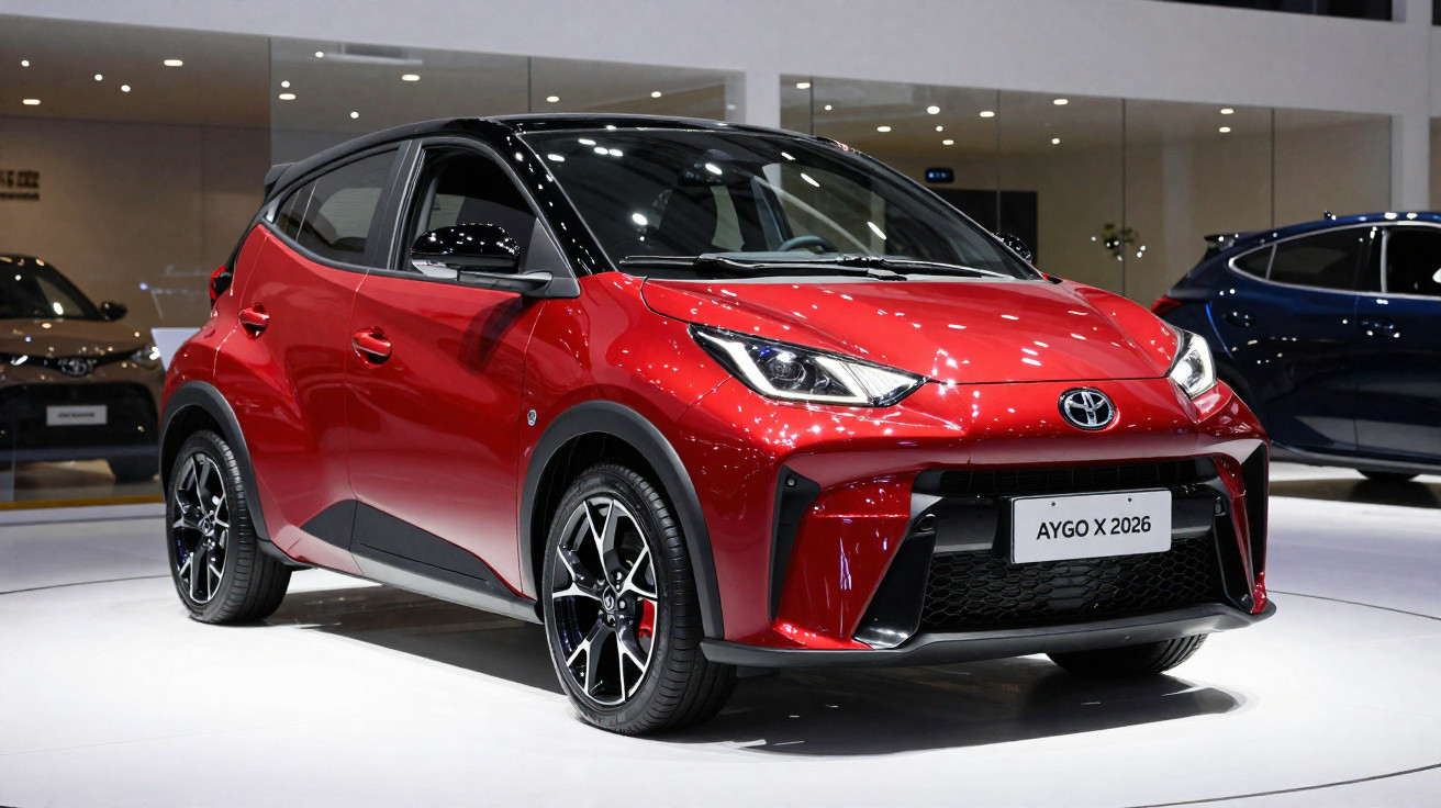 Red 2026 Toyota Aygo X compact car displayed indoors on white platform with black roof and alloy wheels