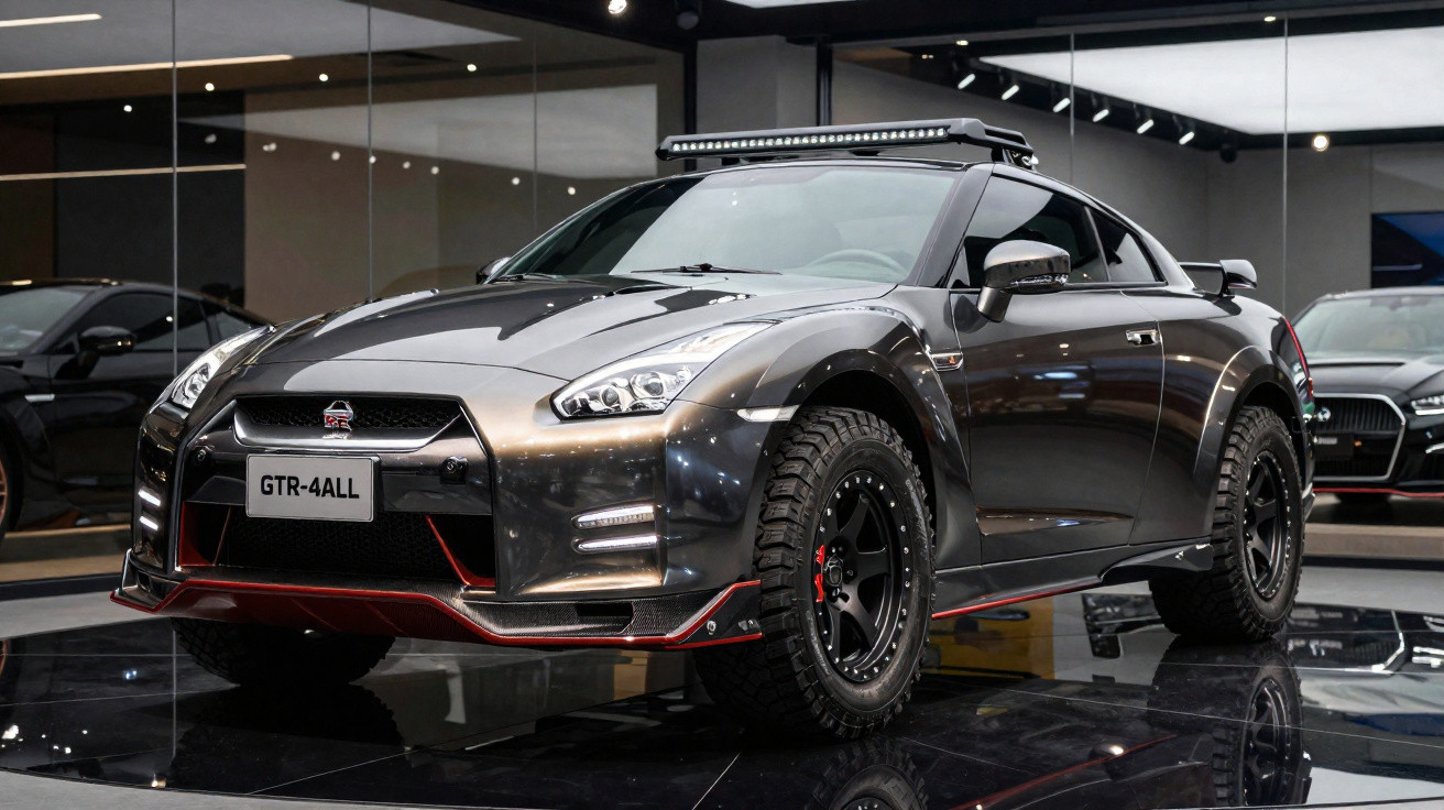 Dark grey Nissan GTR sports car with off-road tyres displayed indoors with mirrored walls.