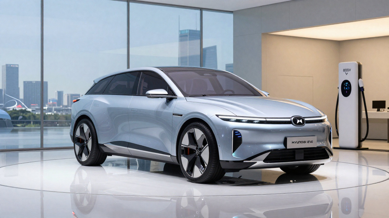 Silver Hyundai Ioniq 6 electric car displayed indoors near a charging station with city skyline in the background.
