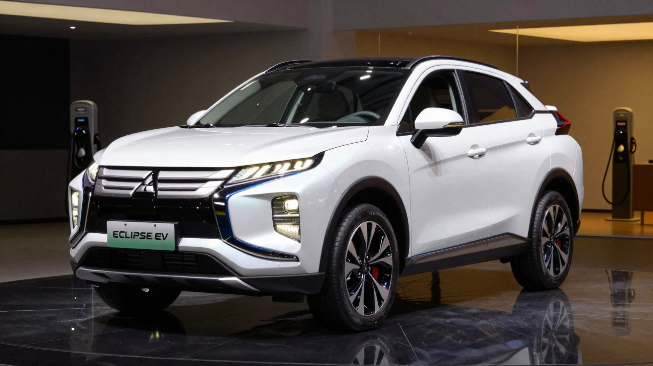White Mitsubishi Eclipse EV electric SUV displayed indoors with charging stations in the background.