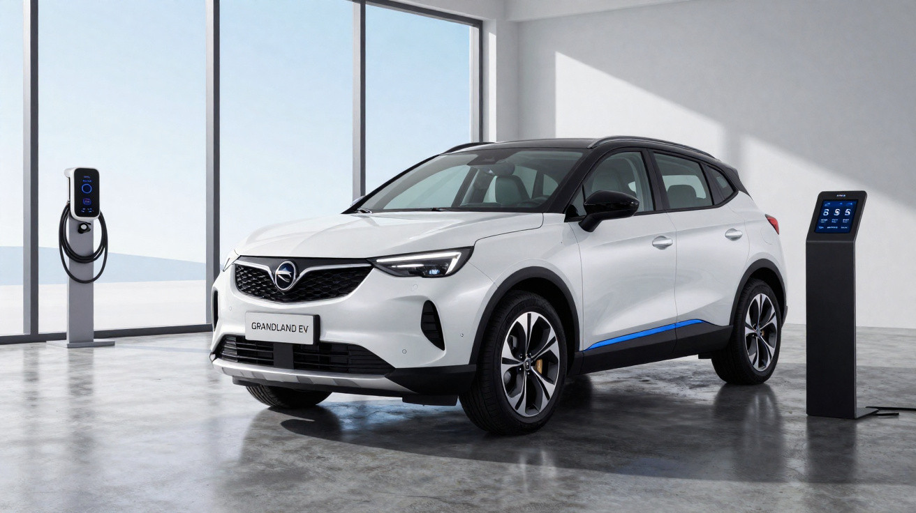 White Opel Grandland EV electric car parked indoors near two charging stations with large windows in background.