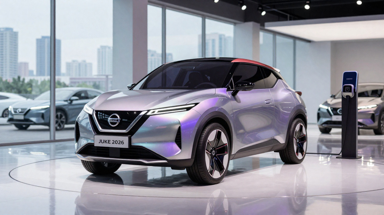 Silver Nissan Juke 2026 electric car displayed in a showroom with city buildings visible through large windows.