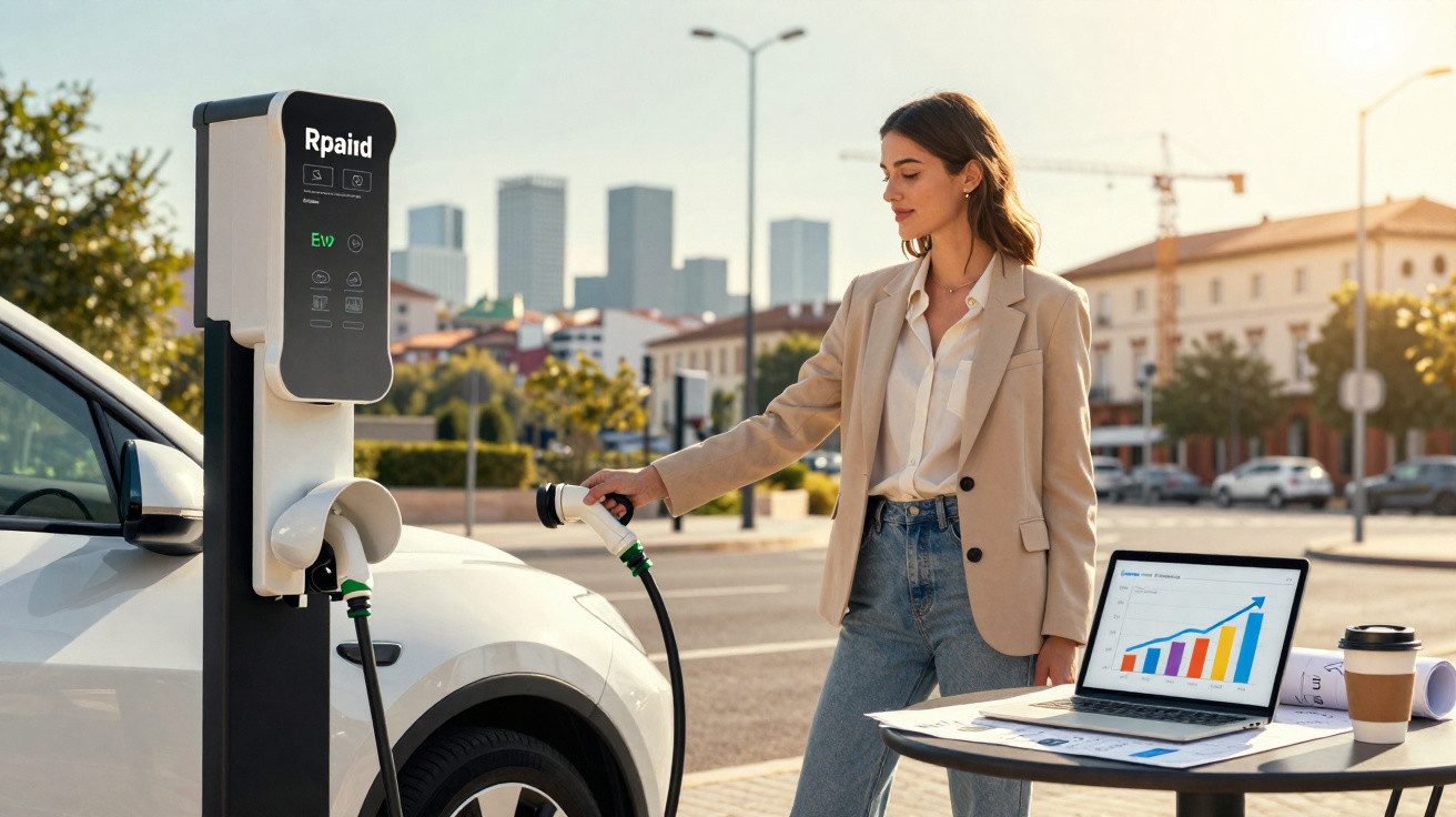 Woman in beige blazer charging electric car at Rpaid Evo station with laptop and coffee on nearby table in city setting