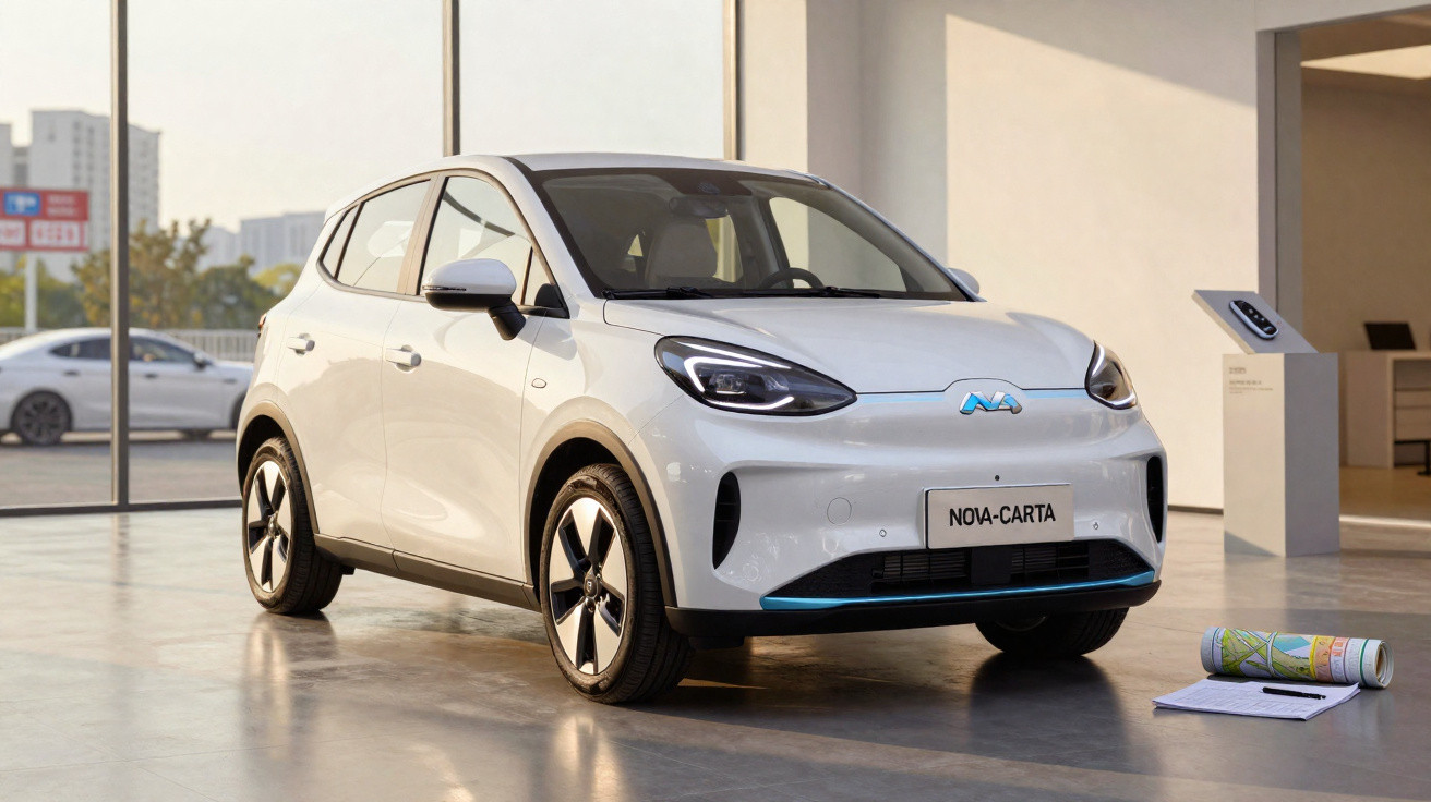White Nova-Carta electric car displayed in a showroom with cityscape visible through large windows.