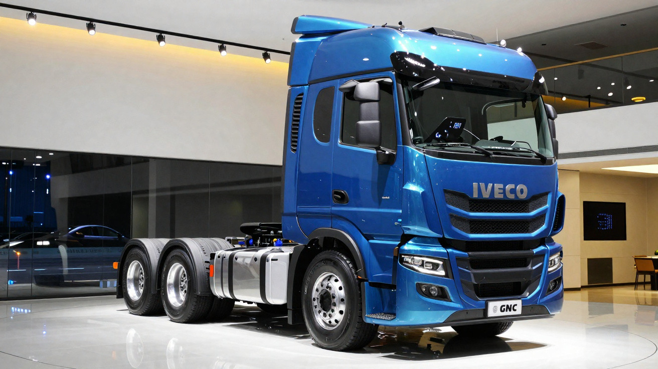 Blue Iveco GNC heavy-duty truck displayed indoors on a glossy white floor under bright lights.