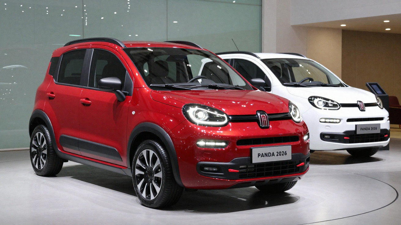 Two Fiat Panda models on display, one red labelled 2026 and one white labelled 2018, in a showroom.