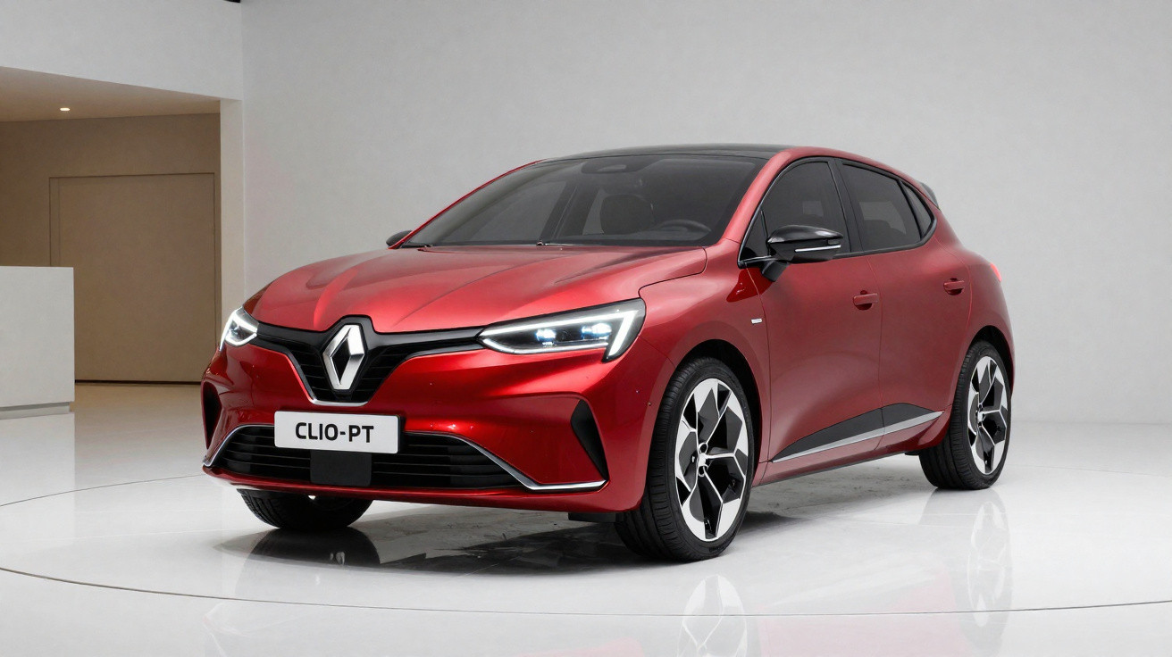 Red Renault Clio hatchback with LED headlights in a white showroom with a black roof and alloy wheels.