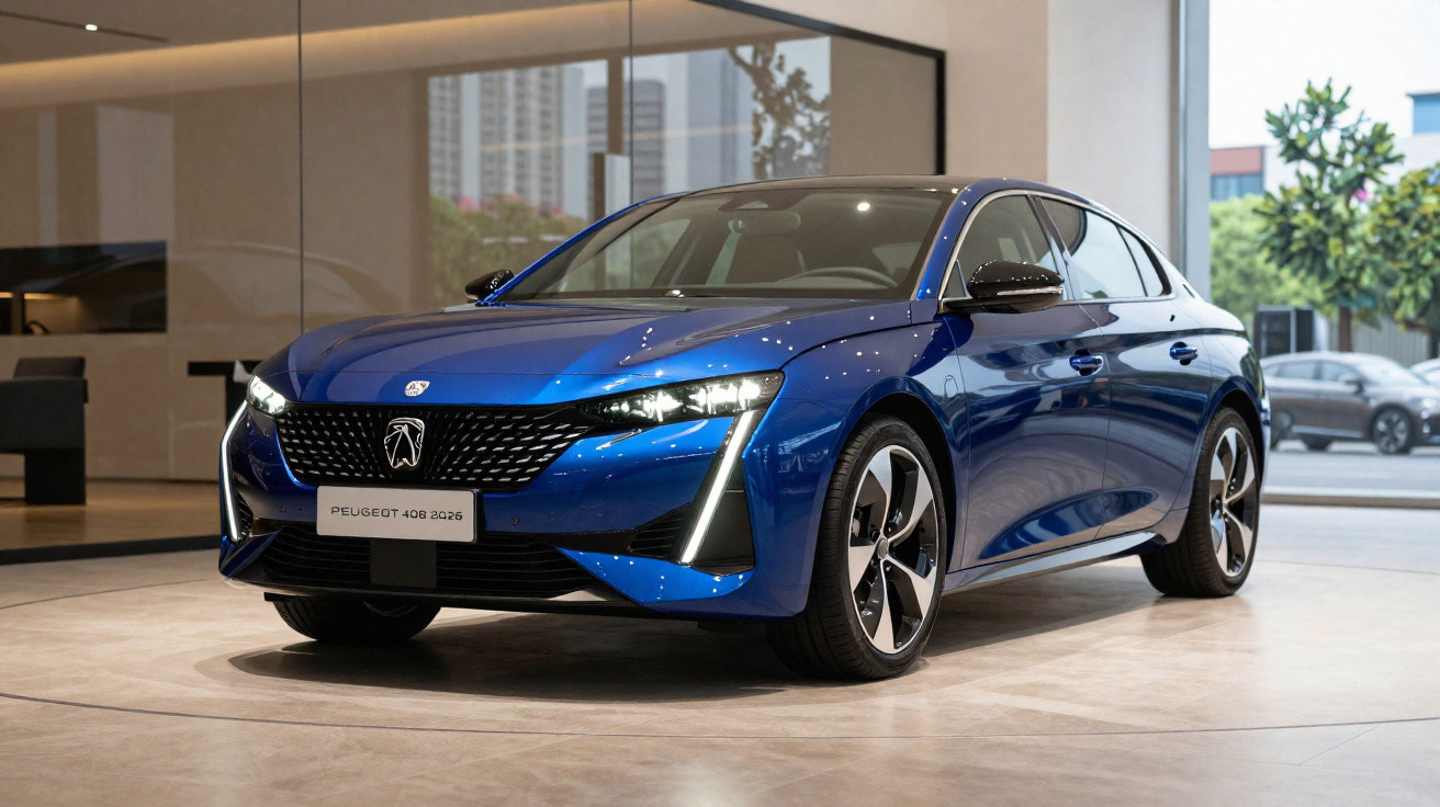 Blue Peugeot 408 2026 model car displayed in a modern showroom with polished floors and large windows.