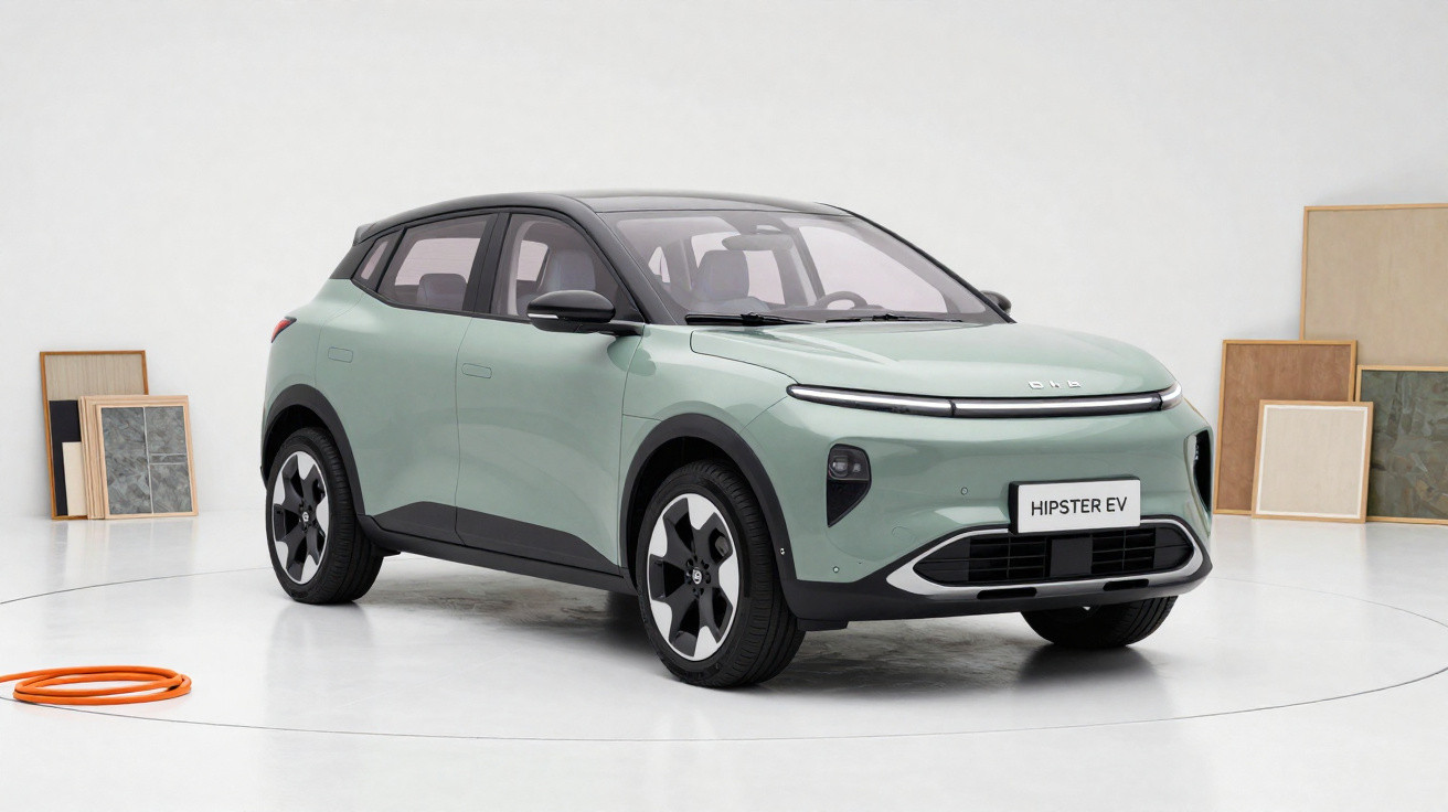 Green compact electric SUV with black roof, labelled Hipster EV, displayed in a minimalistic white studio.