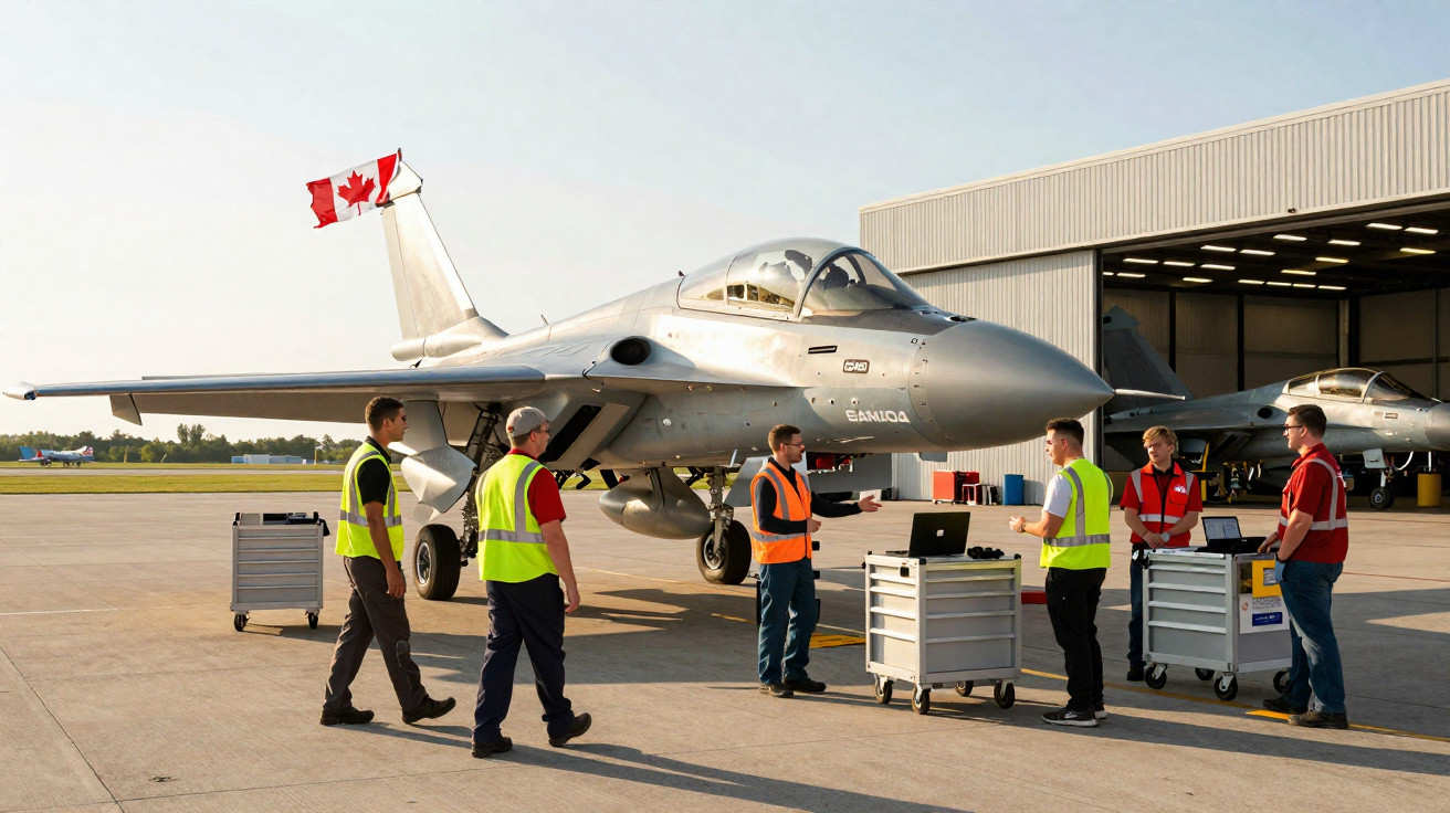 Technicians in safety vests working around a Canadian fighter jet near an open hangar on an airfield.