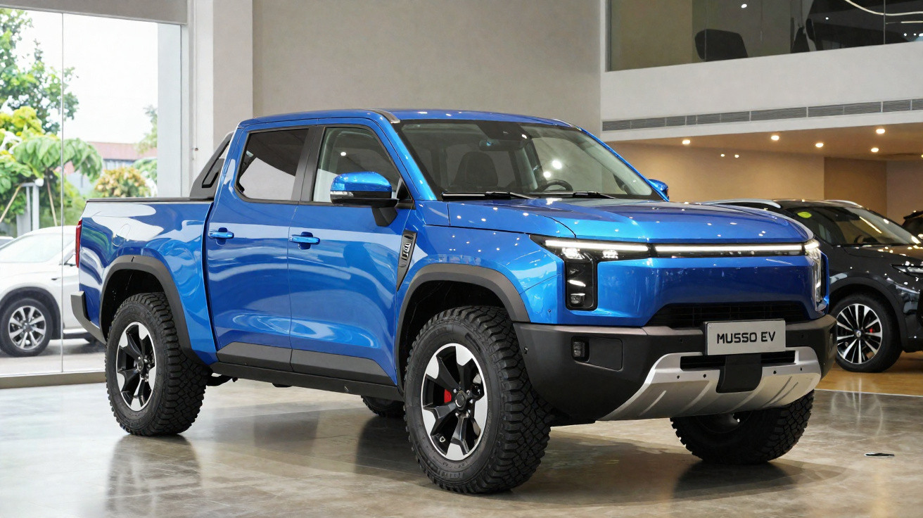Blue electric pickup truck Musso EV displayed indoors in a showroom with large front grille and off-road tyres.