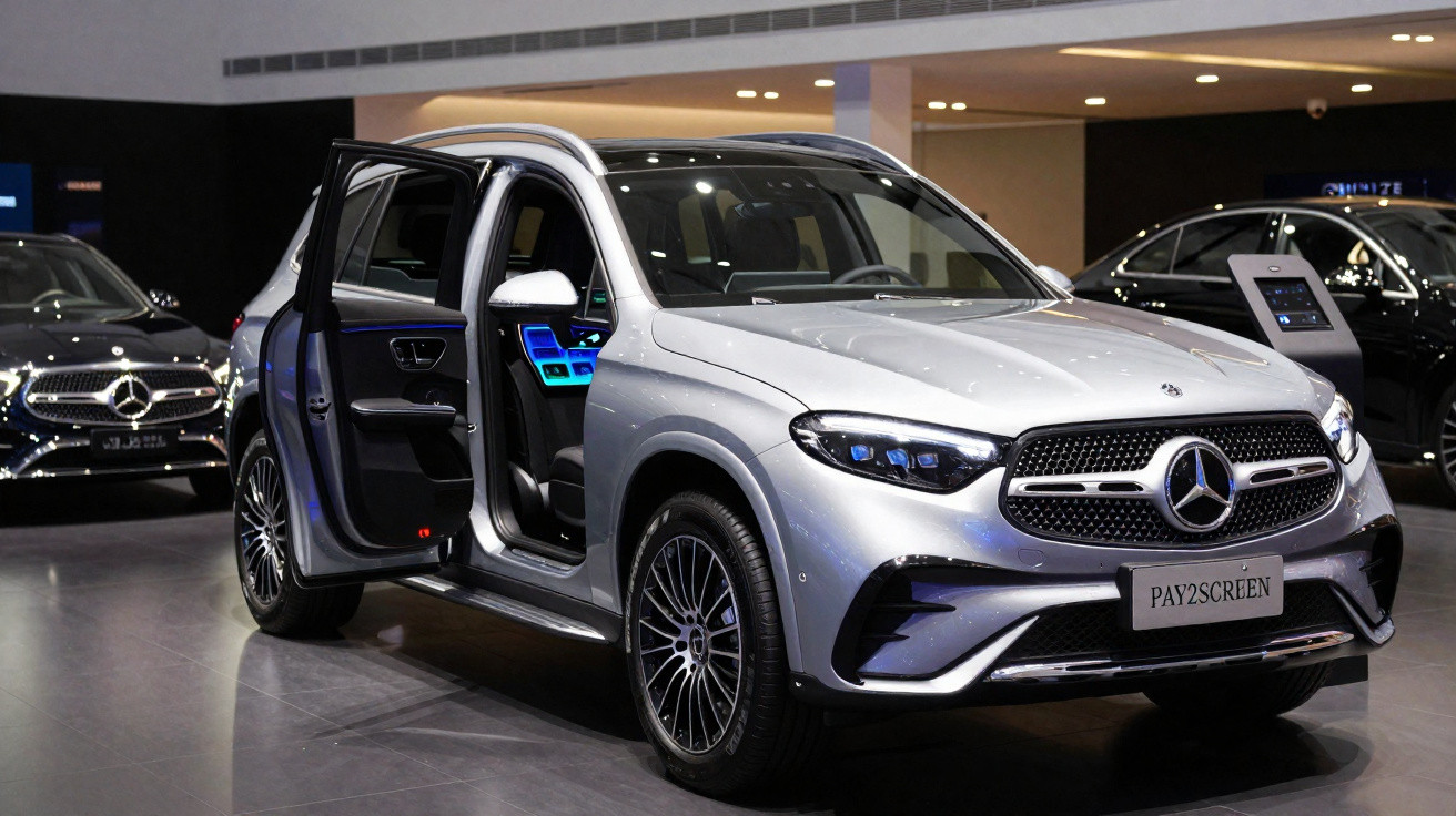Silver Mercedes-Benz electric SUV with front door open displayed indoors at car showroom.