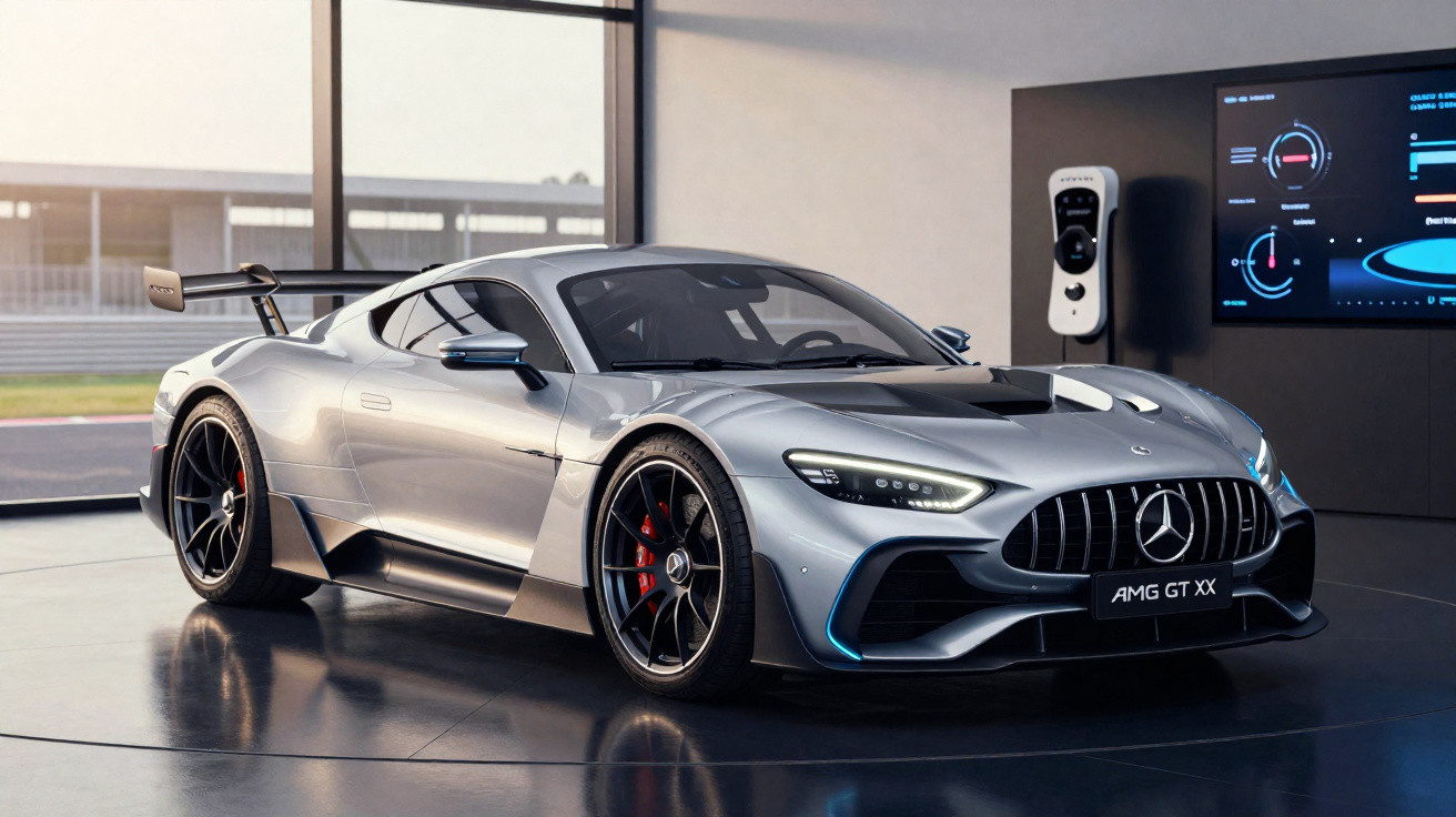 Silver Mercedes AMG GT XX sports car displayed indoors with digital screens and charging station in background.